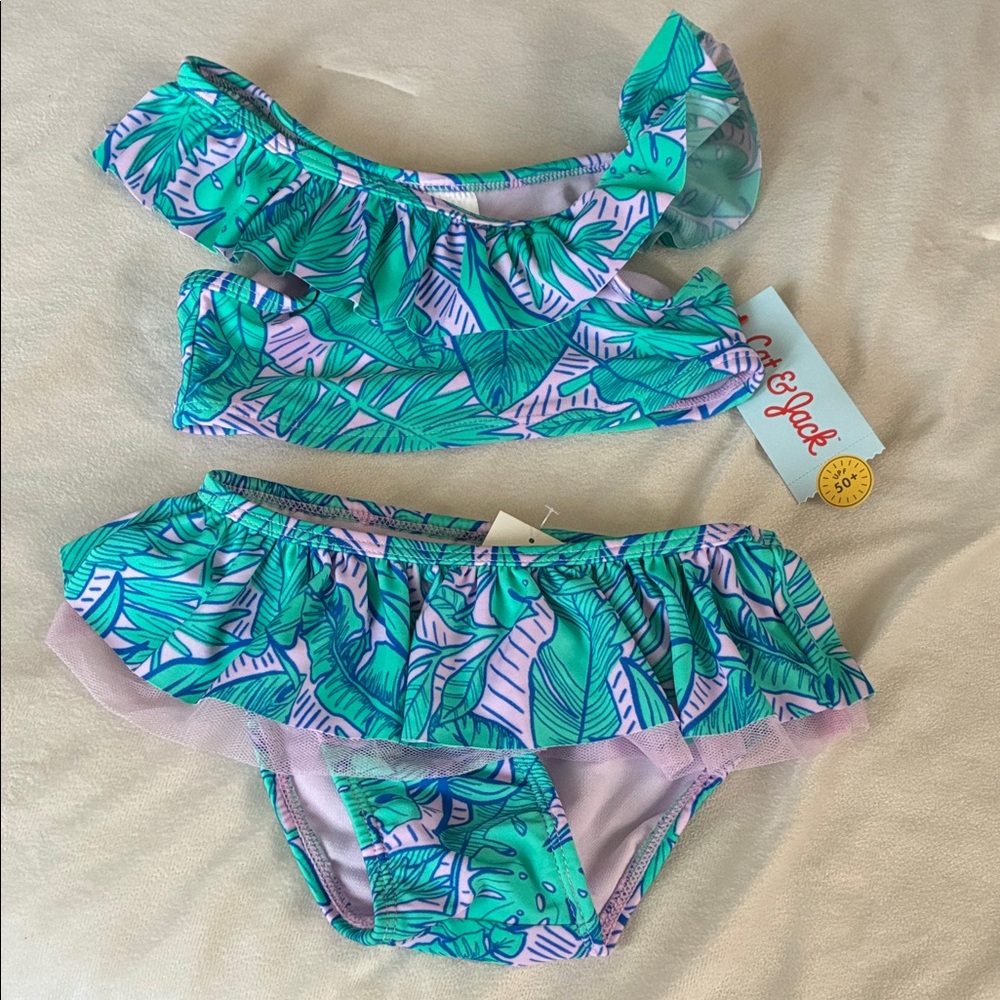Cat & Jack Teal & Lavender Palm Leaf Ruffle Two-Piece Swimsuit
